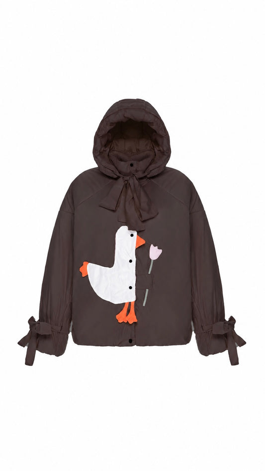 Down jacket "Little duck" in chocolate with detachable bows and removable hood