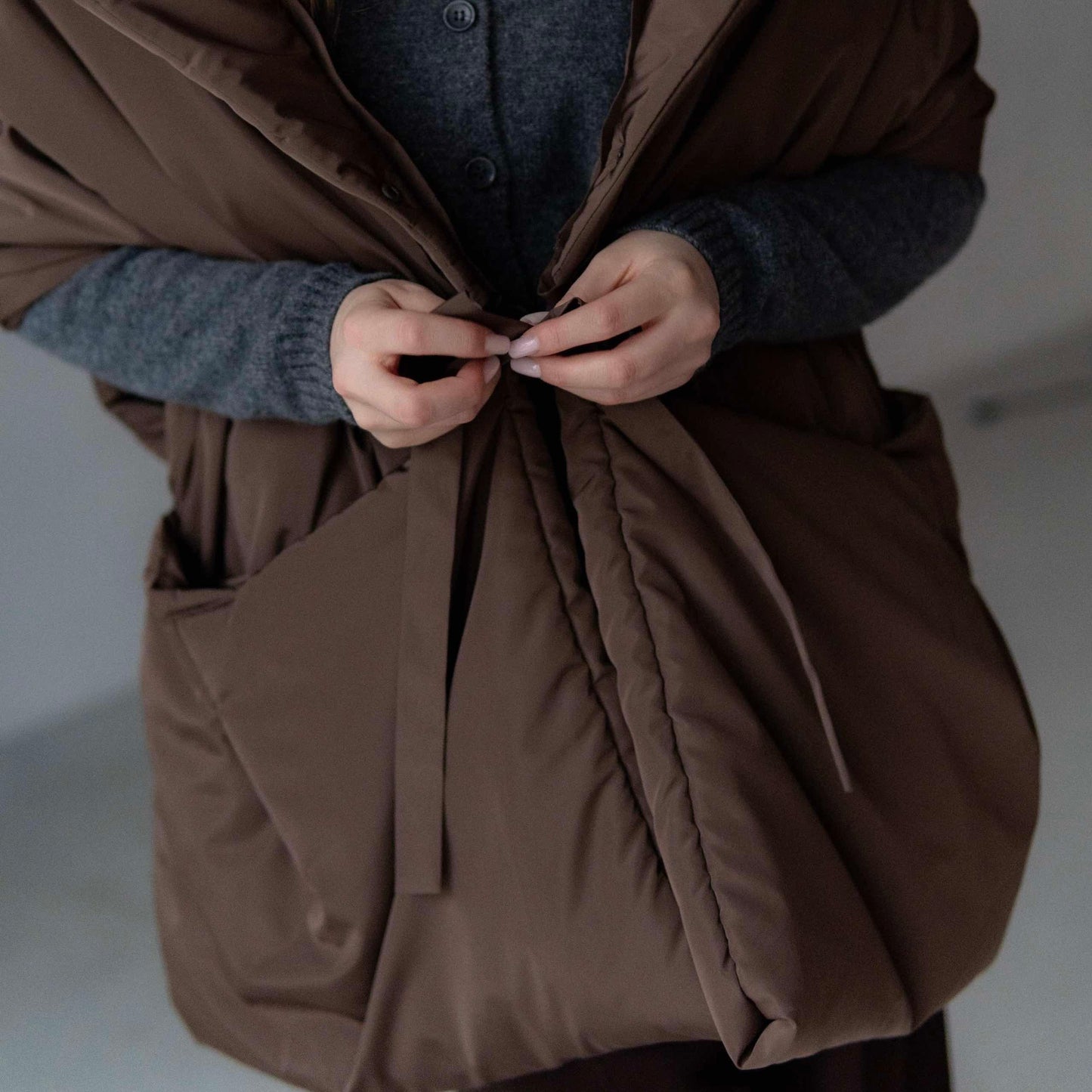 Chocolate Down vest with detachable hood