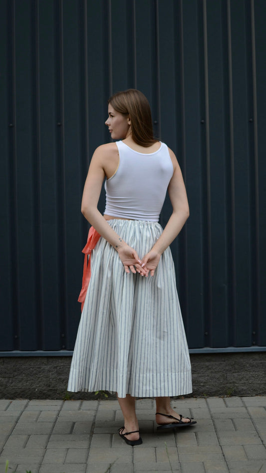 One-size cotton striped skirt with coral ribbons
