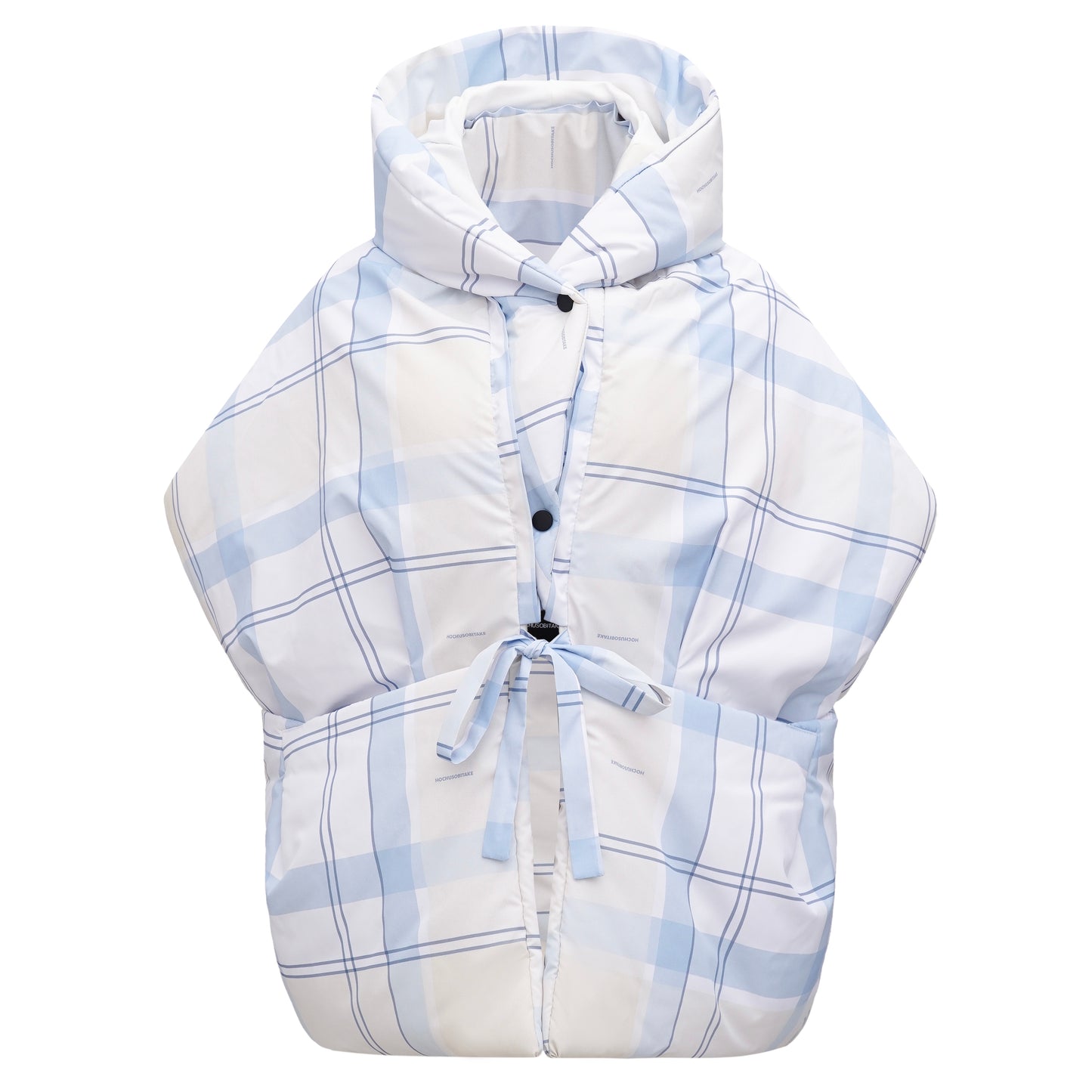 Light blue check Down vest with detachable hood