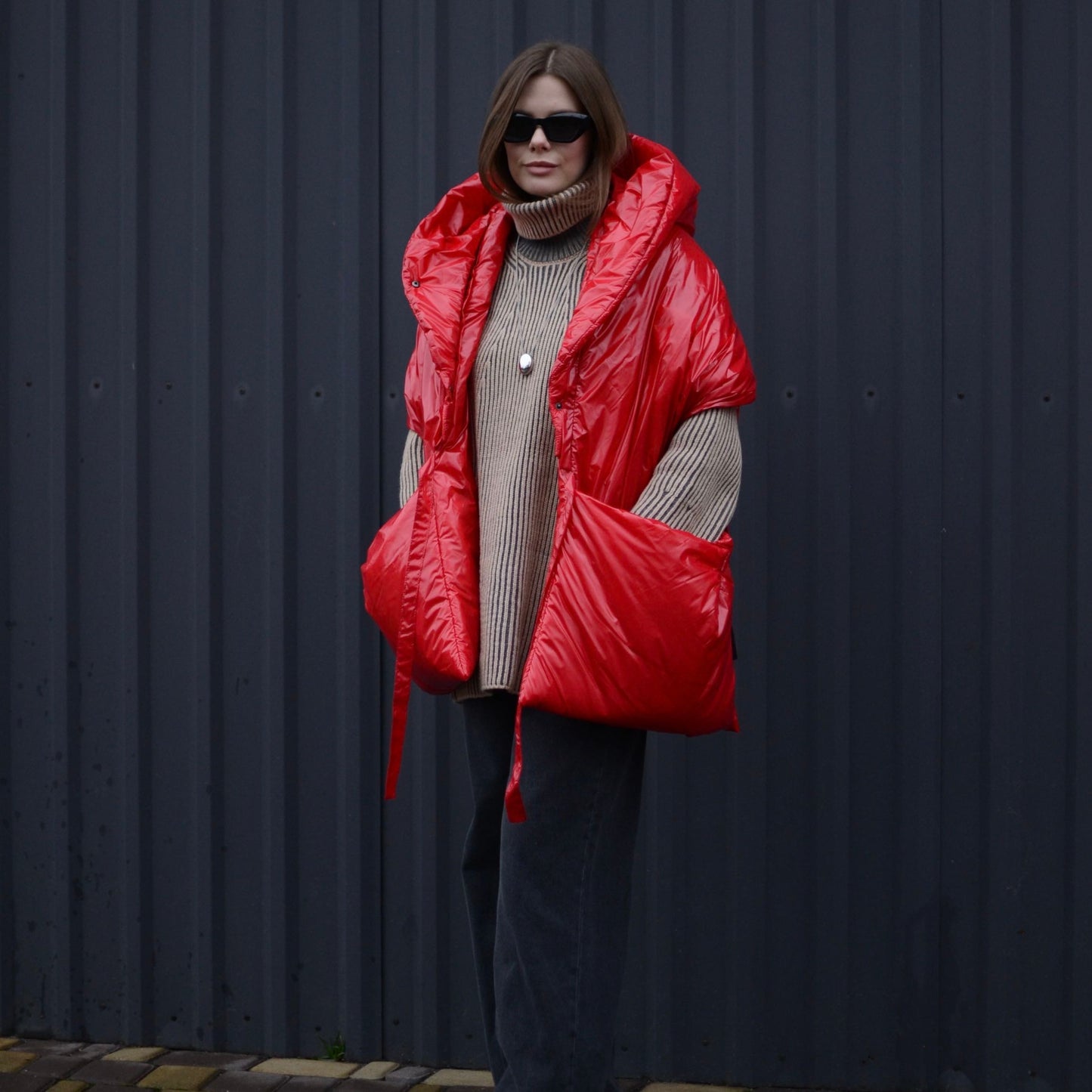 Red Down vest «RougeLove» with detachable hood