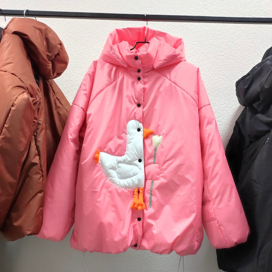 Down jacket "Little duck" in pink with detachable bows and removable hood