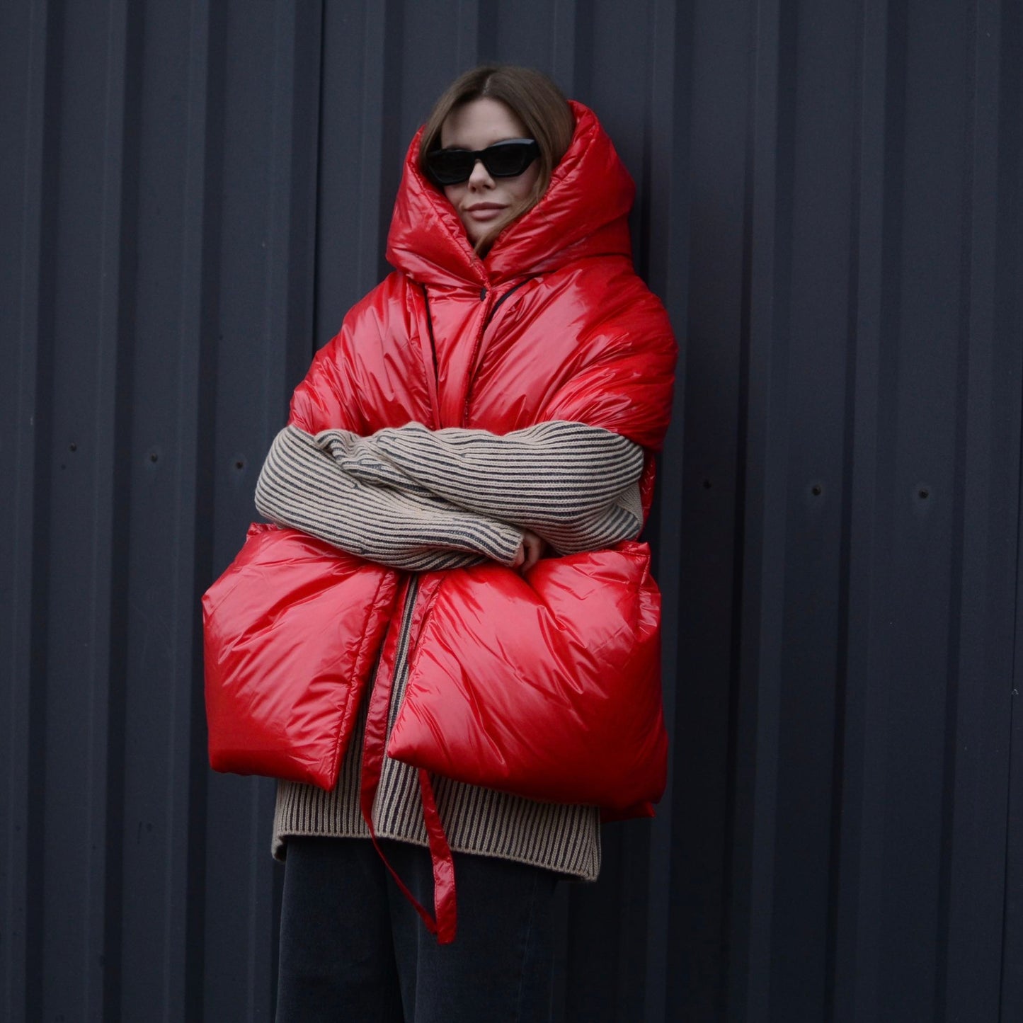 Red Down vest «RougeLove» with detachable hood