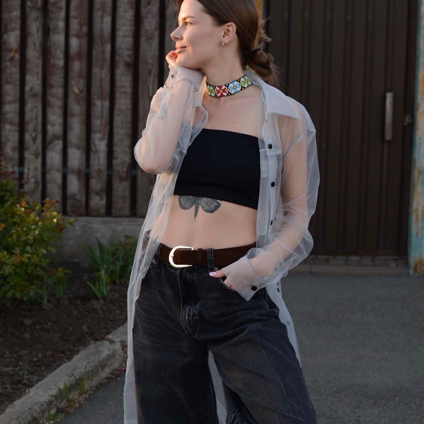 Elongated transparent gray shirt