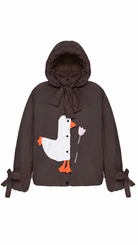 Down jacket "Little duck" in chocolate with detachable bows and removable hood