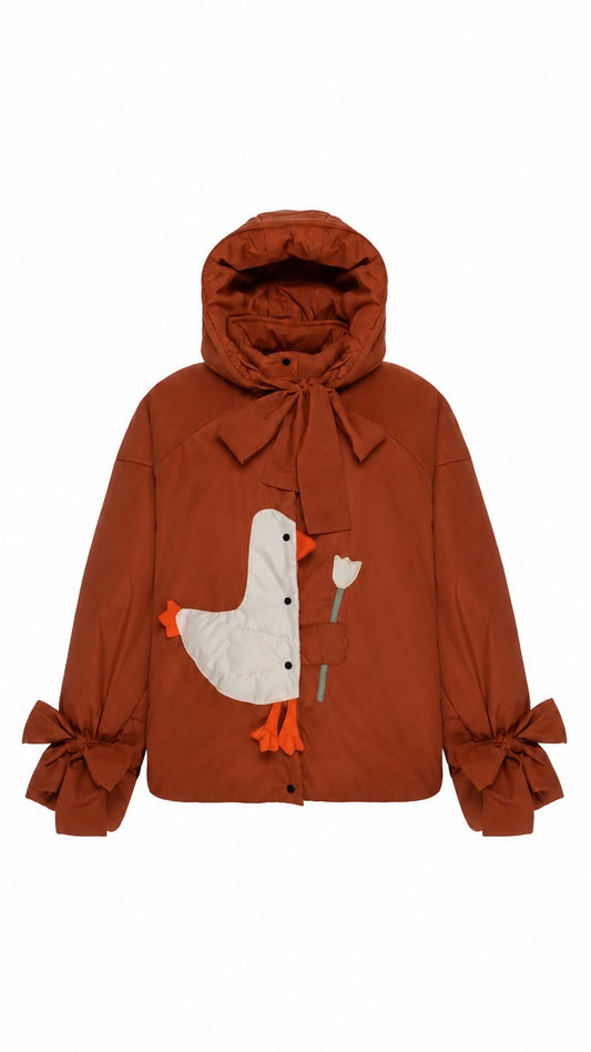 Down jacket "Little duck" in terracotta with detachable bows and removable hood