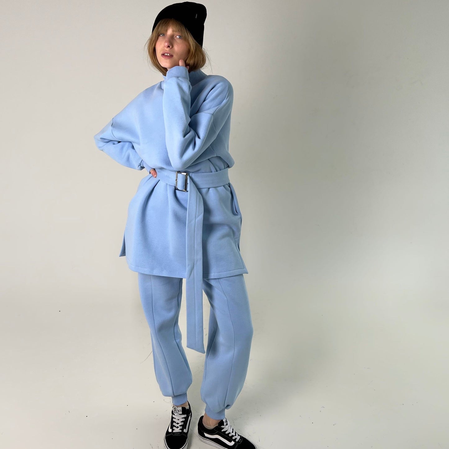 Blue fleece sweatshirt dress with pants