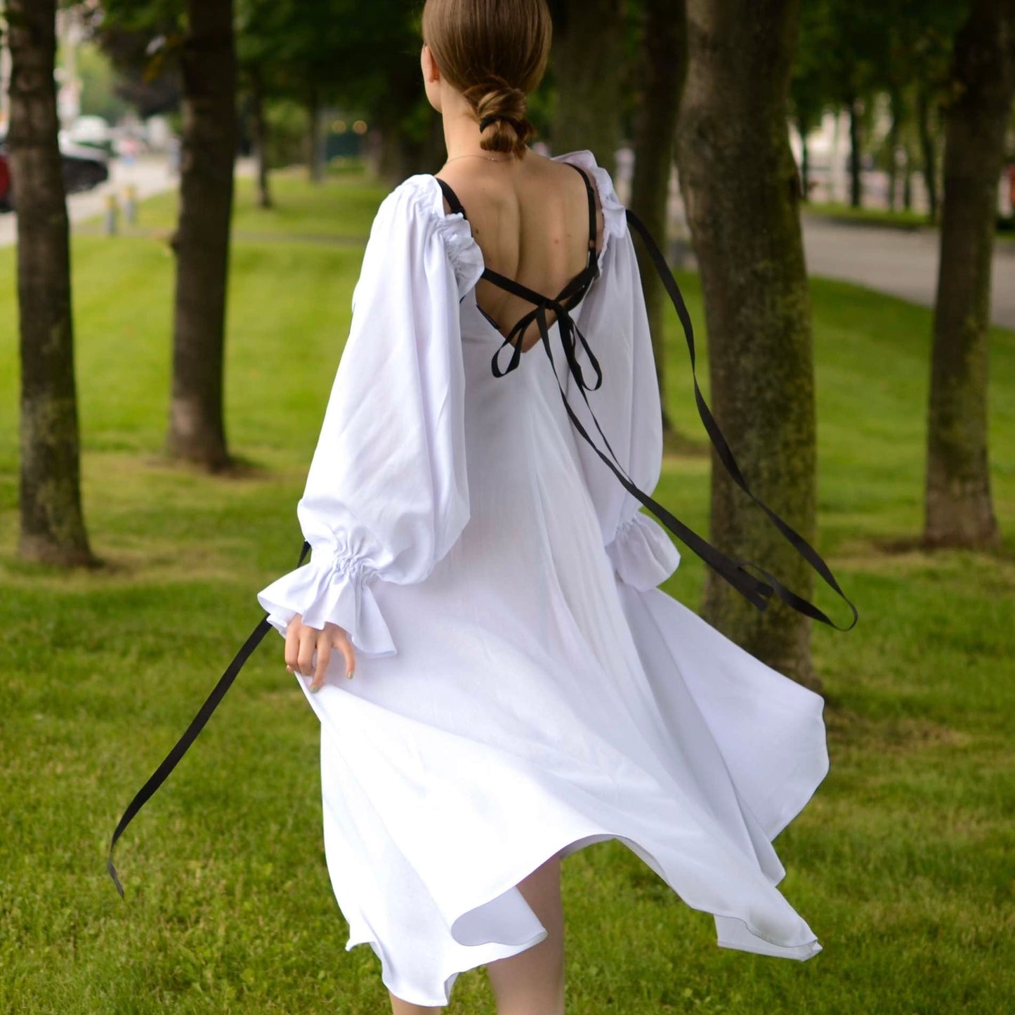 Dress linen with ribbons detachable sleeves