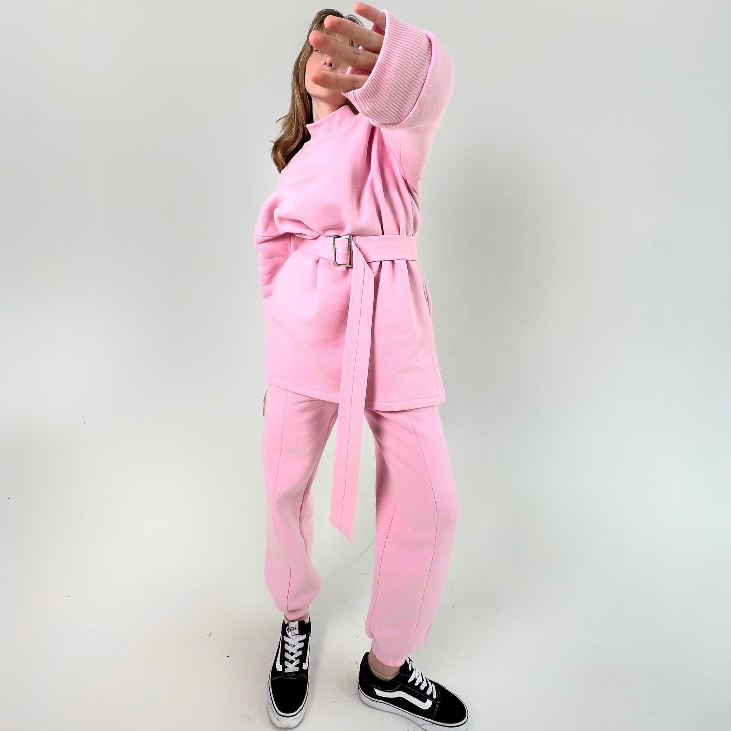 Pink fleece sweatshirt dress with pants