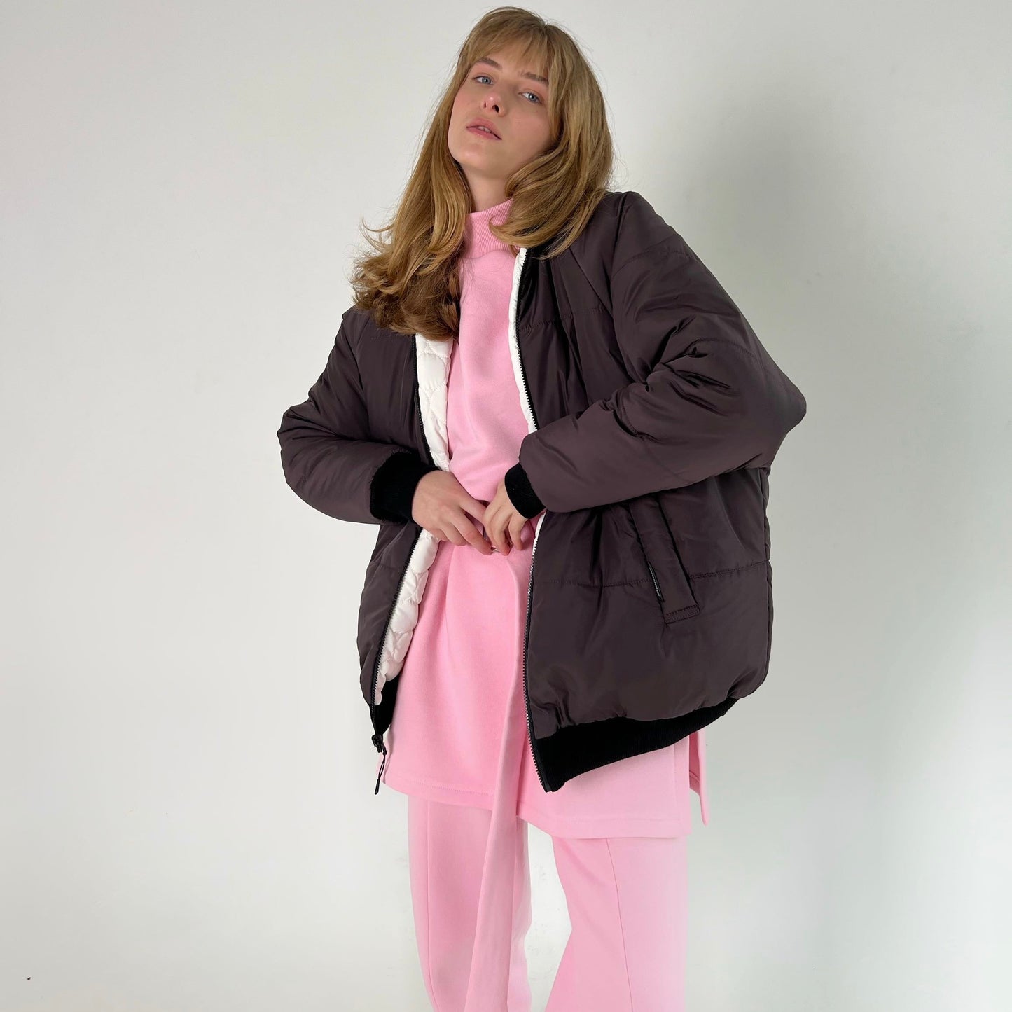 Pink fleece sweatshirt dress with pants