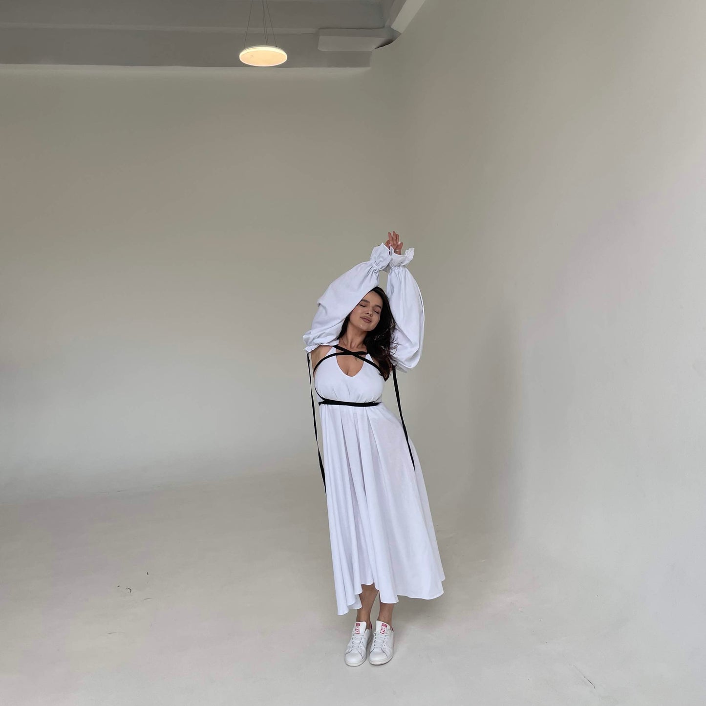 Dress linen with ribbons detachable sleeves