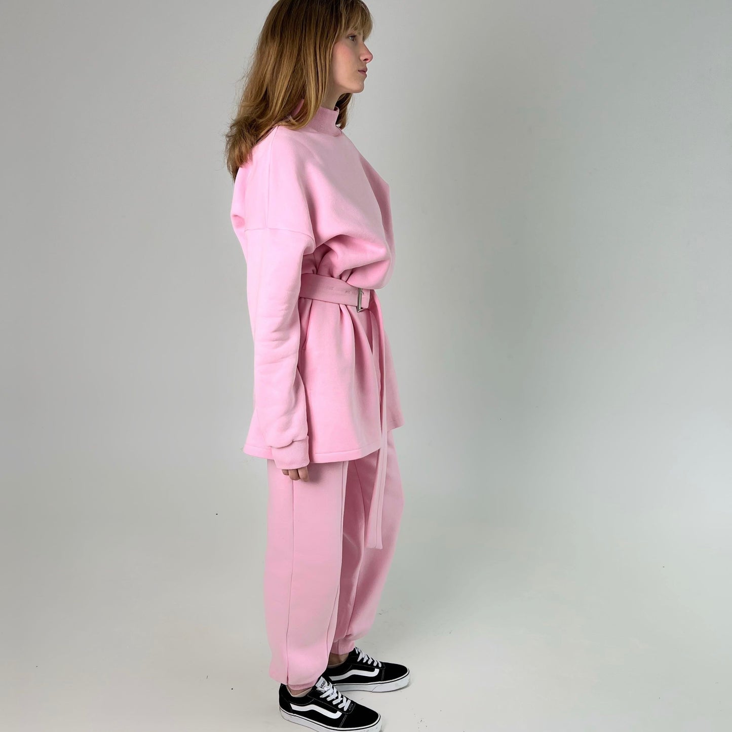 Pink fleece sweatshirt dress with pants