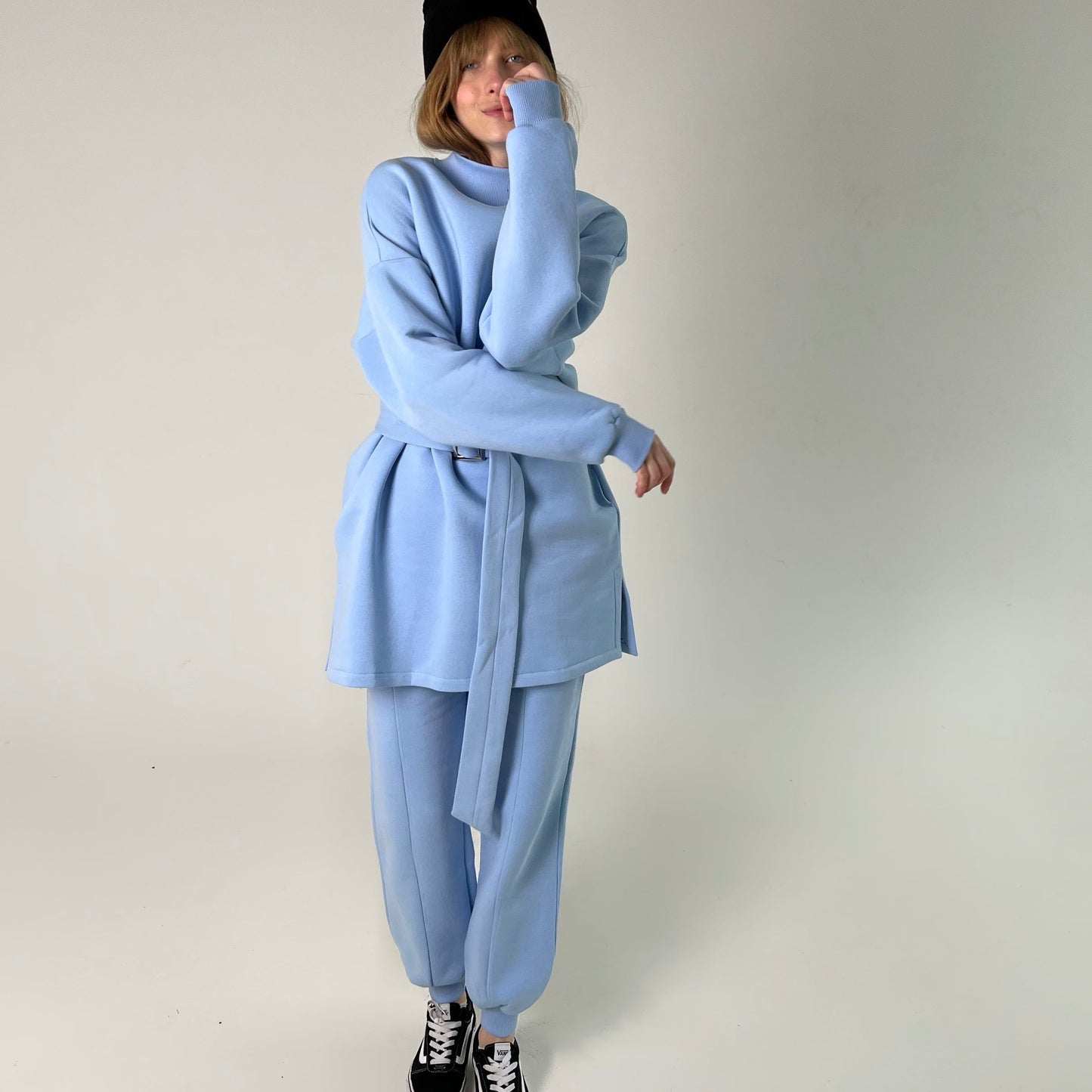 Blue fleece sweatshirt dress with pants