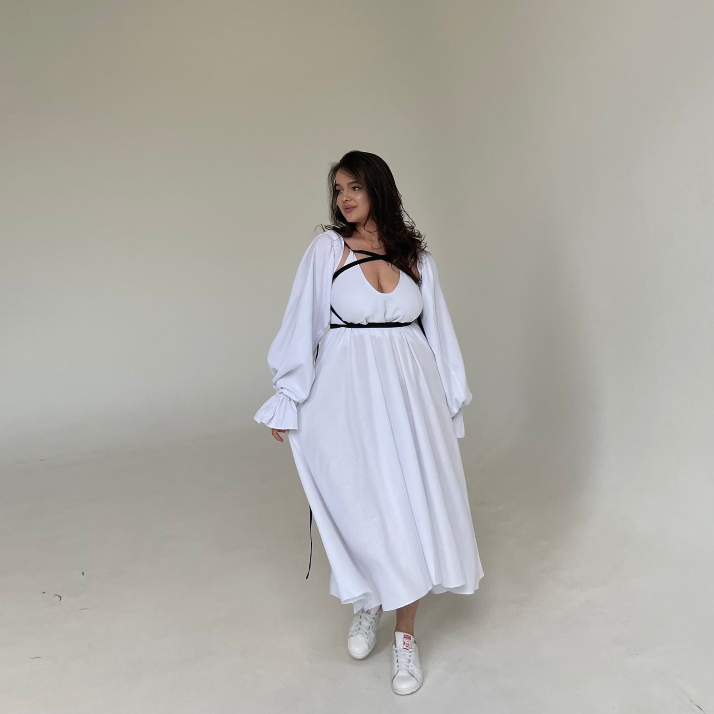 Dress linen with ribbons detachable sleeves