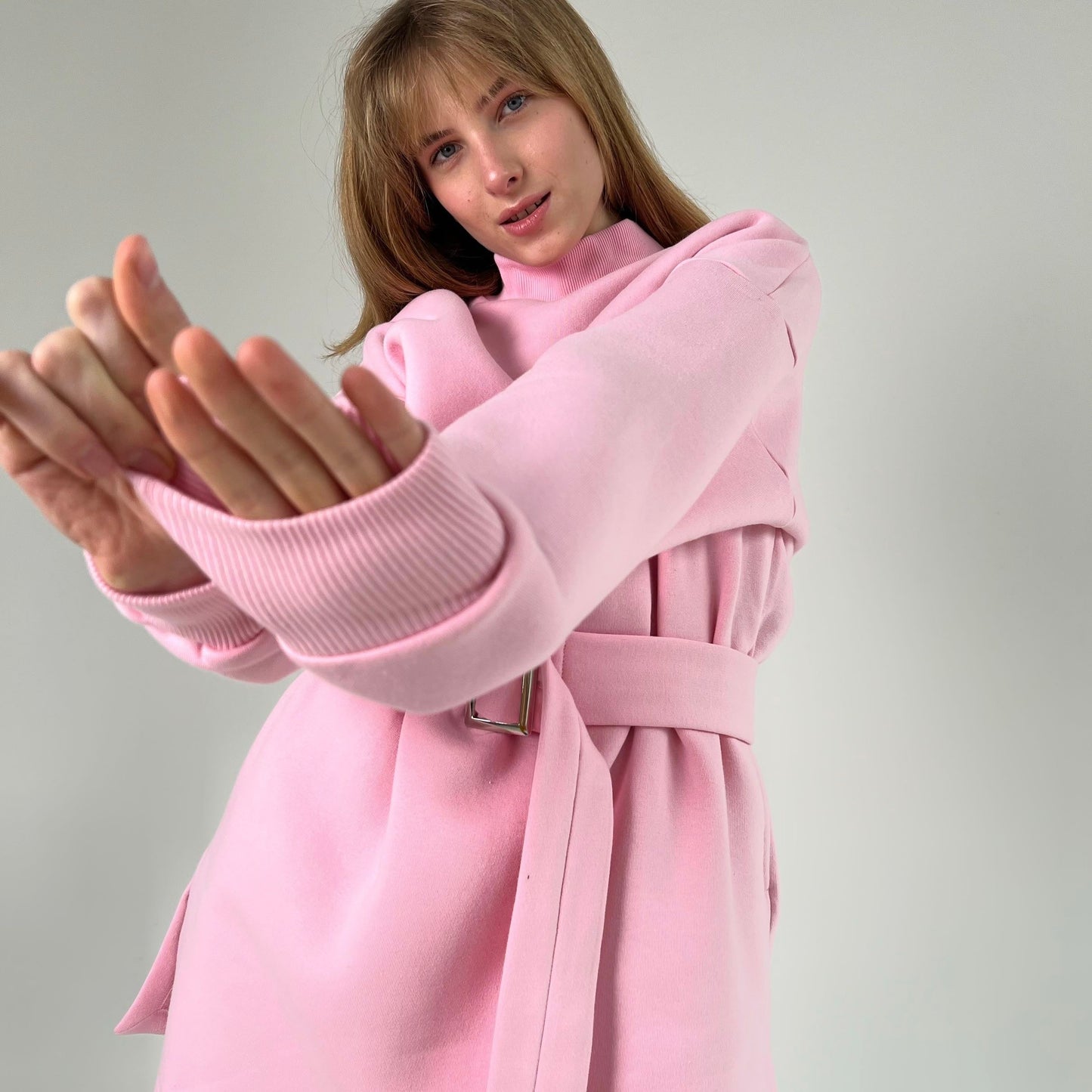 Pink fleece sweatshirt dress with pants