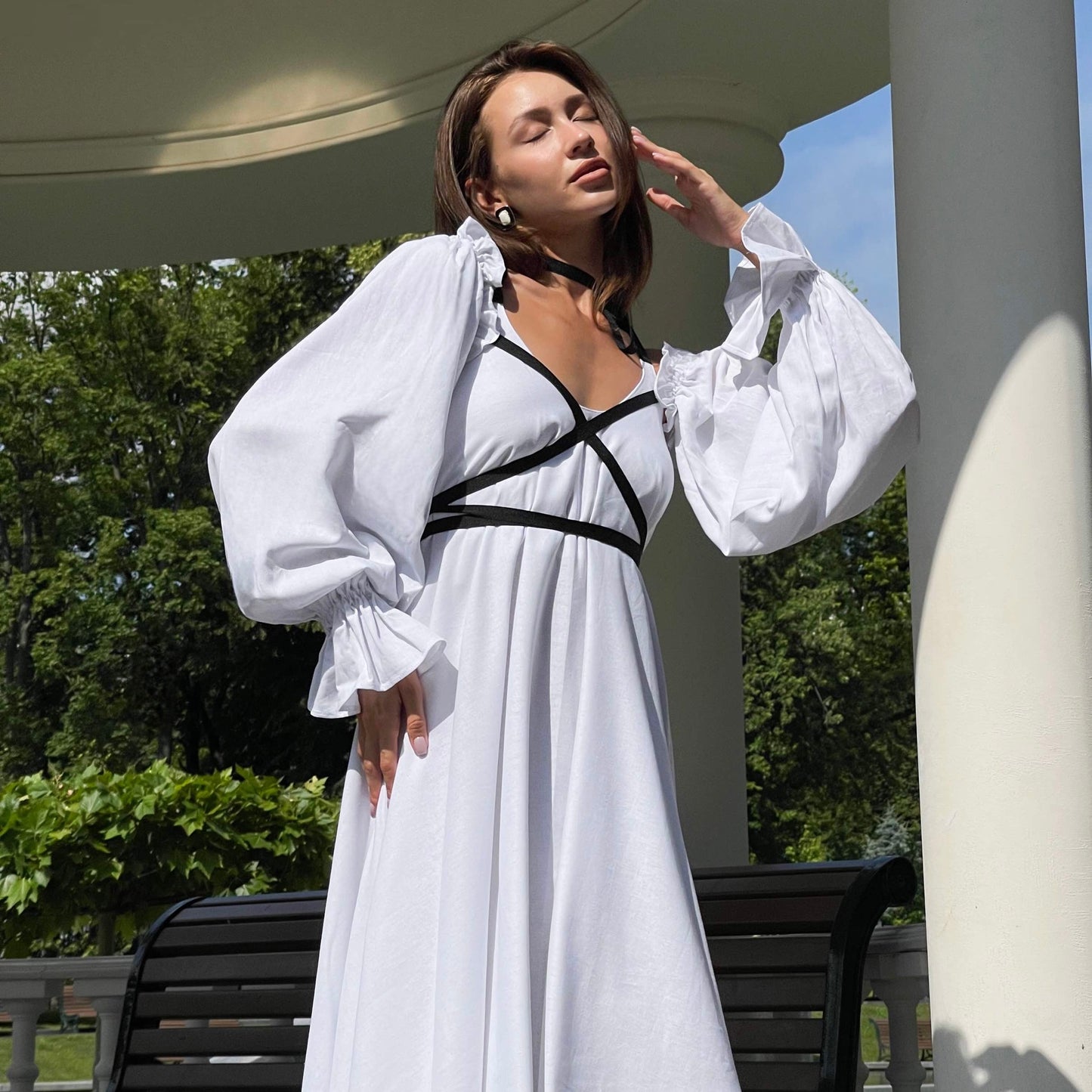 Dress linen with ribbons detachable sleeves