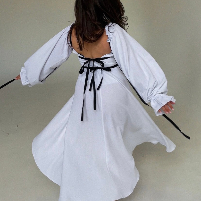Dress linen with ribbons detachable sleeves