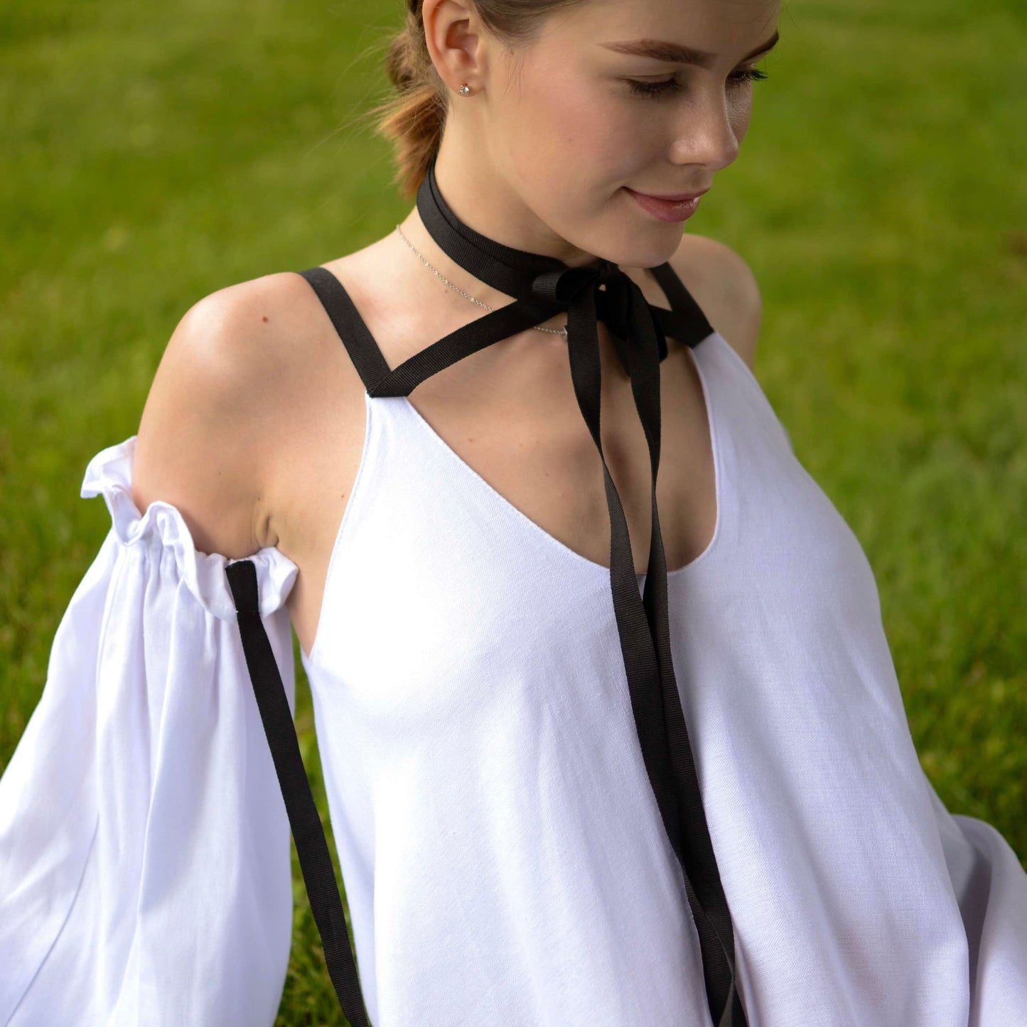 Dress linen with ribbons detachable sleeves