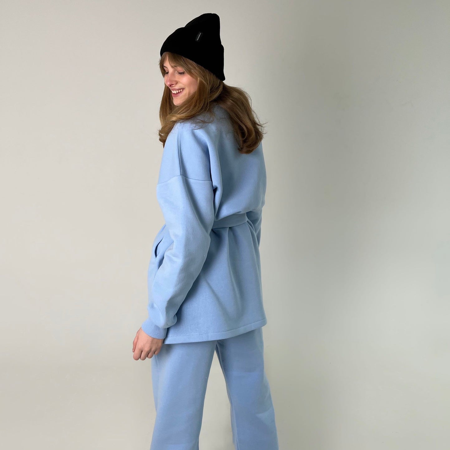 Blue fleece sweatshirt dress with pants