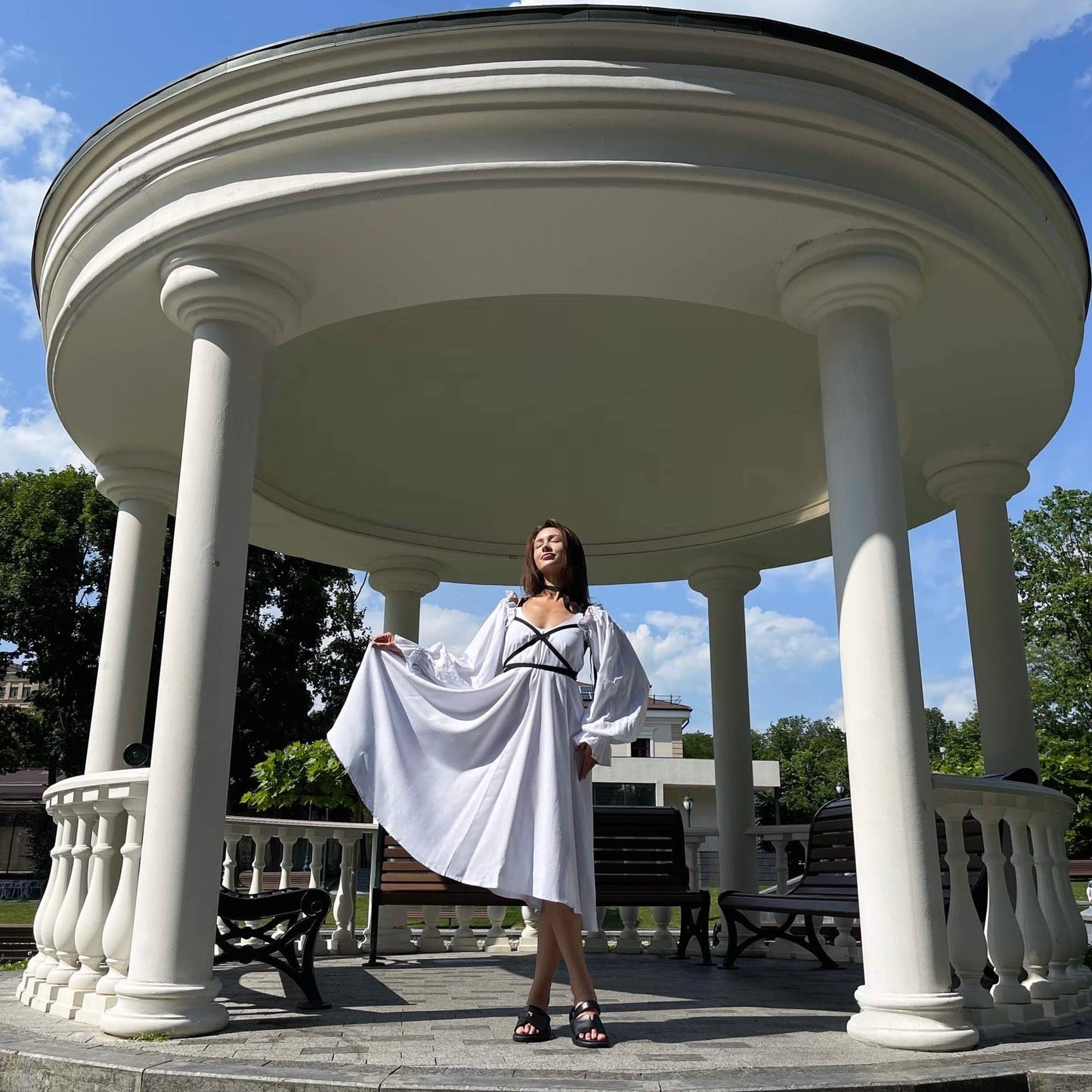 Dress linen with ribbons detachable sleeves
