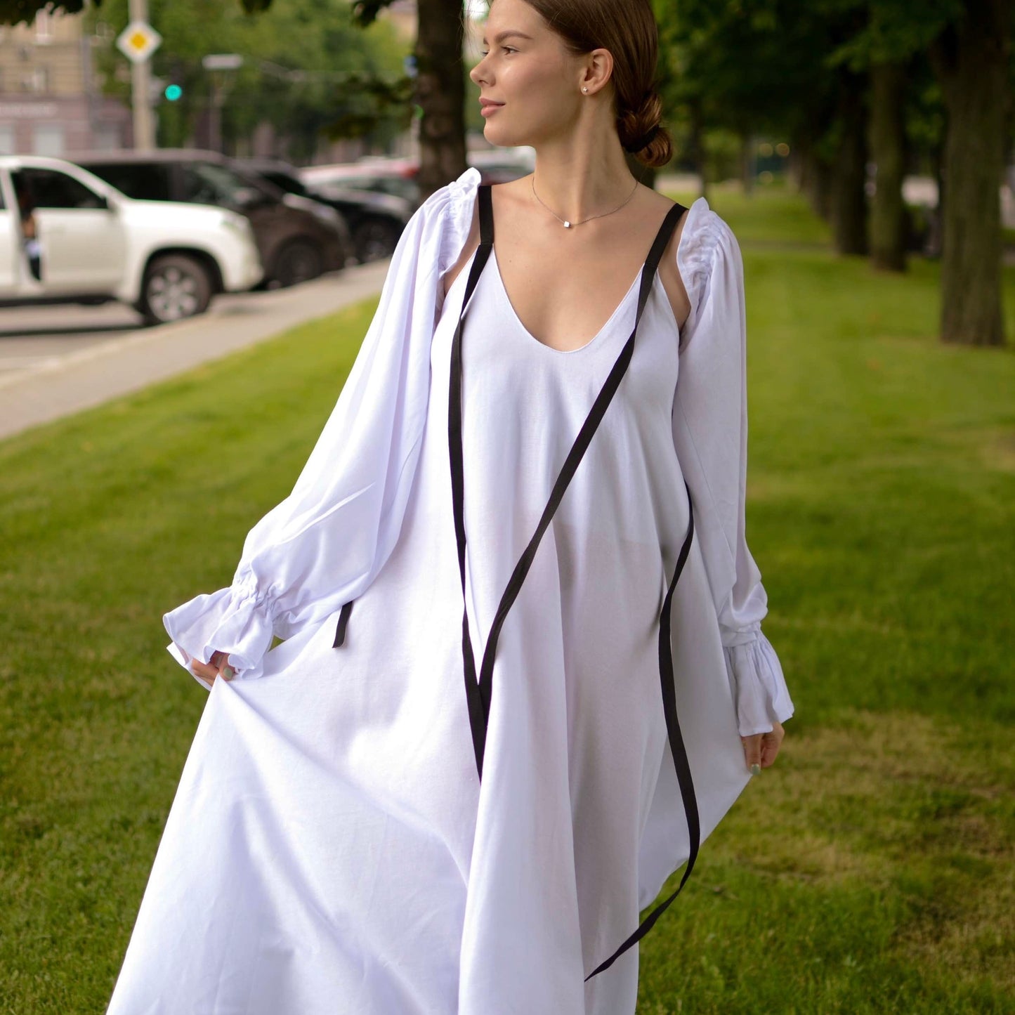Dress linen with ribbons detachable sleeves