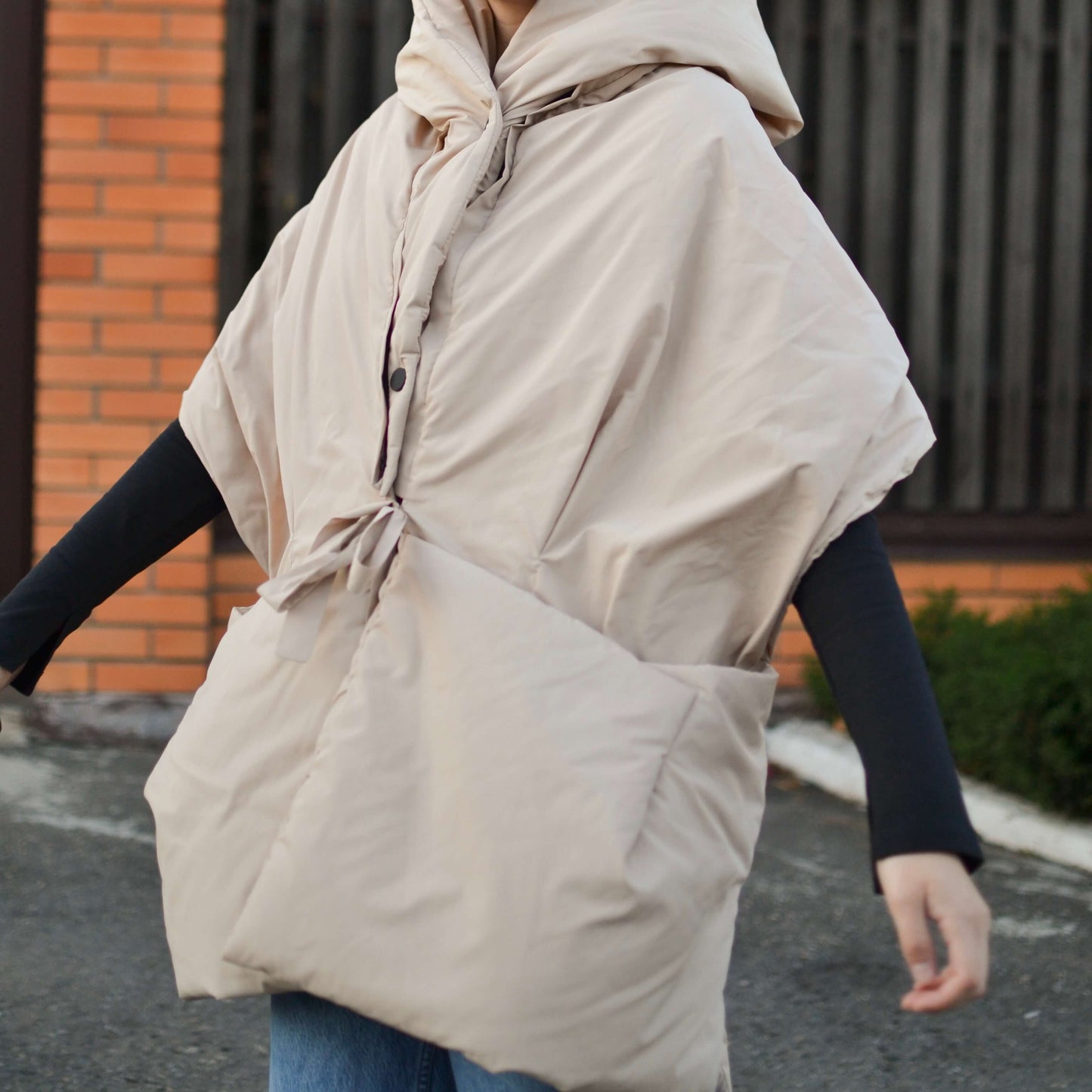 Beige Down vest with detachable hood