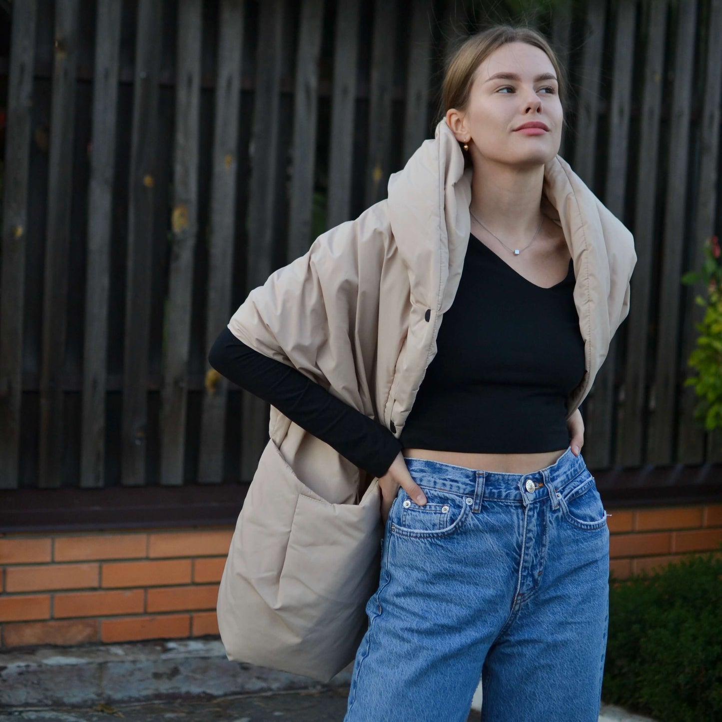 Beige Down vest with detachable hood