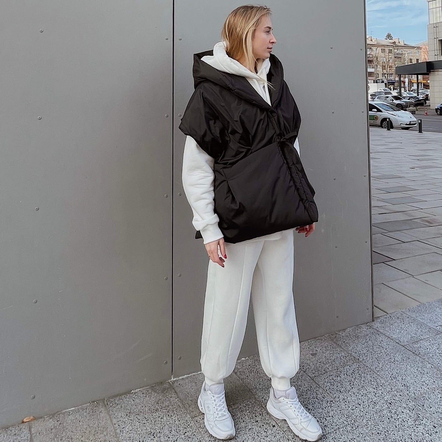 Black Down vest with detachable hood