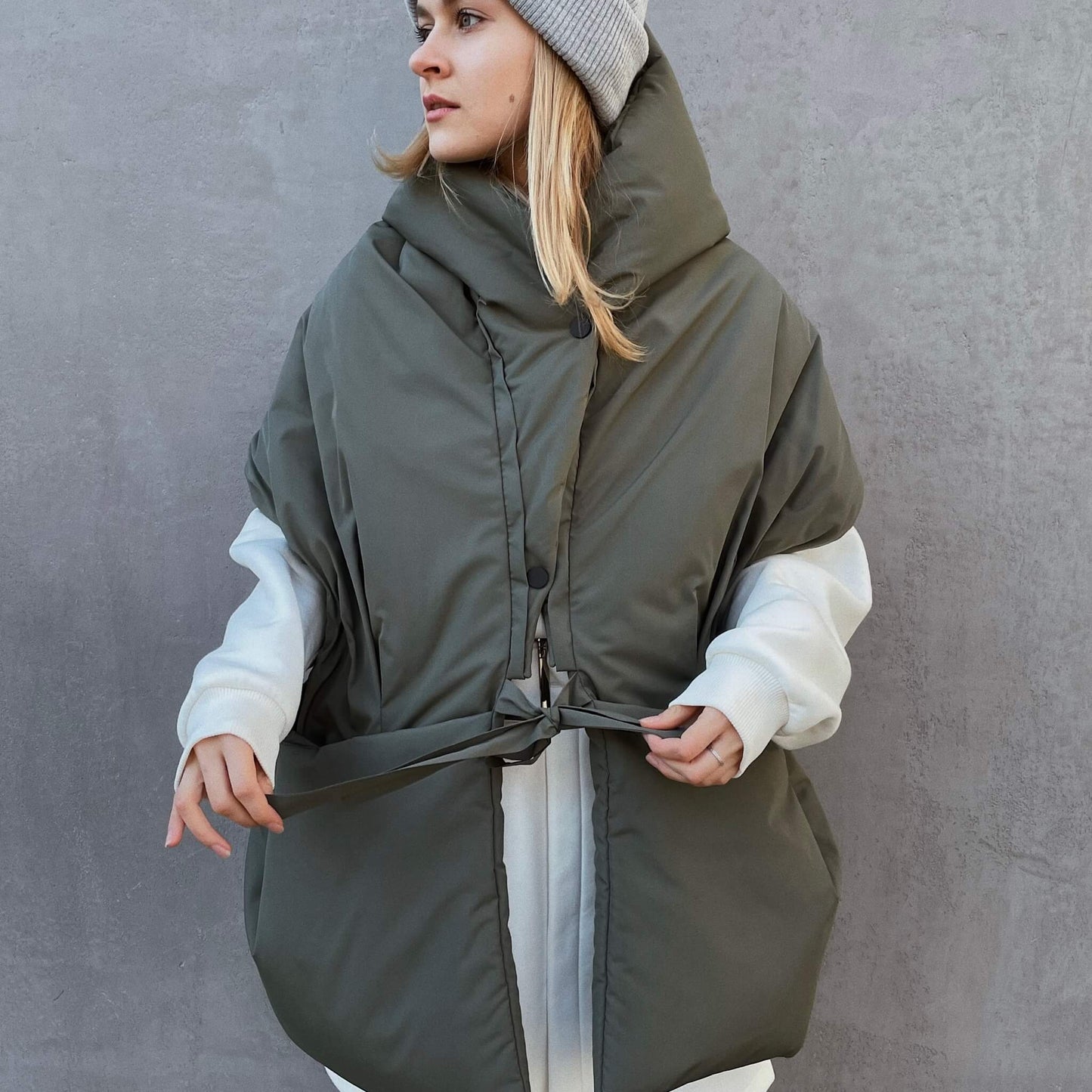 Khaki Down vest with detachable hood
