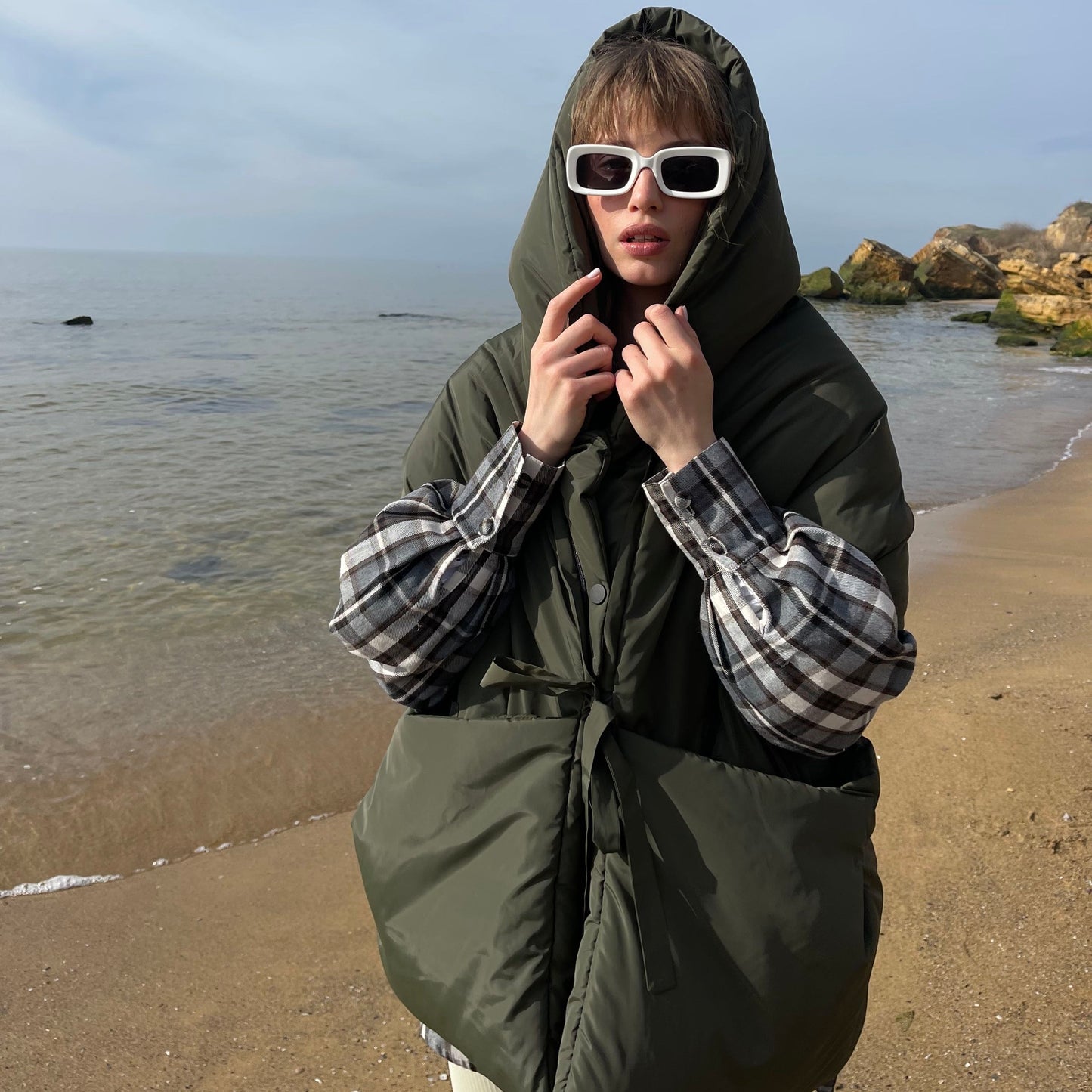 Khaki Down vest with detachable hood