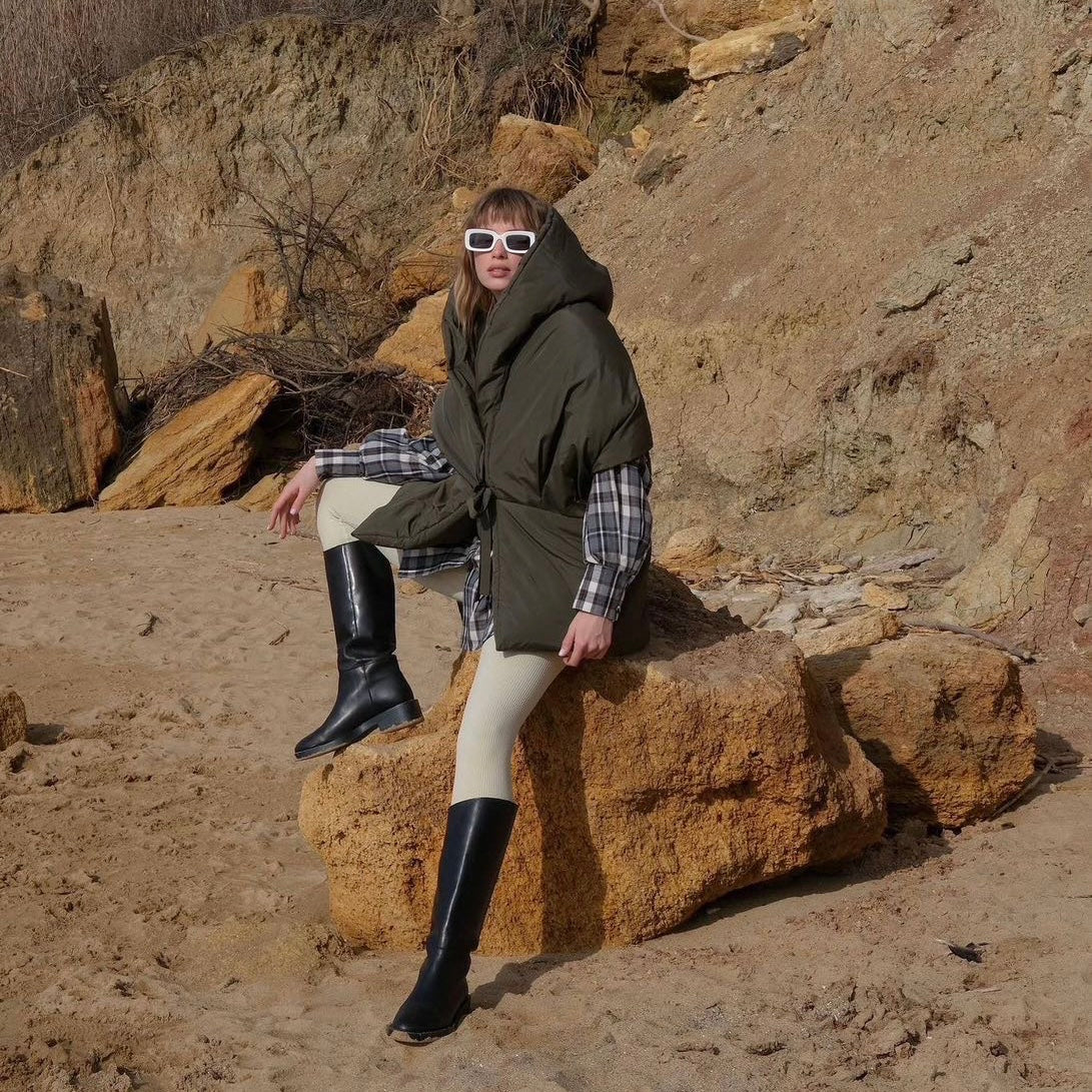 Khaki Down vest with detachable hood