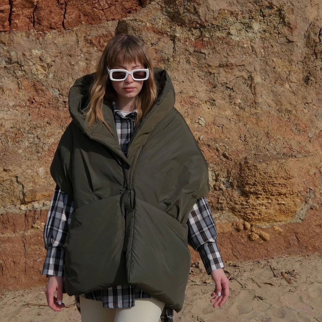 Khaki Down vest with detachable hood