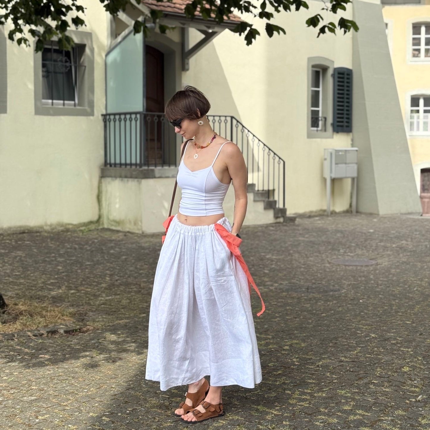 One-size organic linen skirt with ribbons