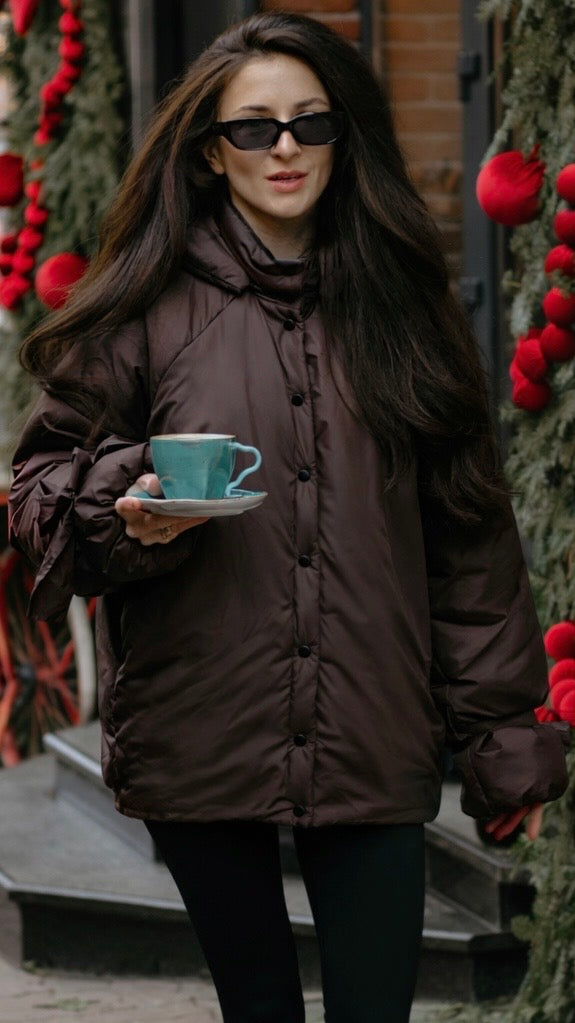 Down jacket in black with detachable chocolate and removable hood