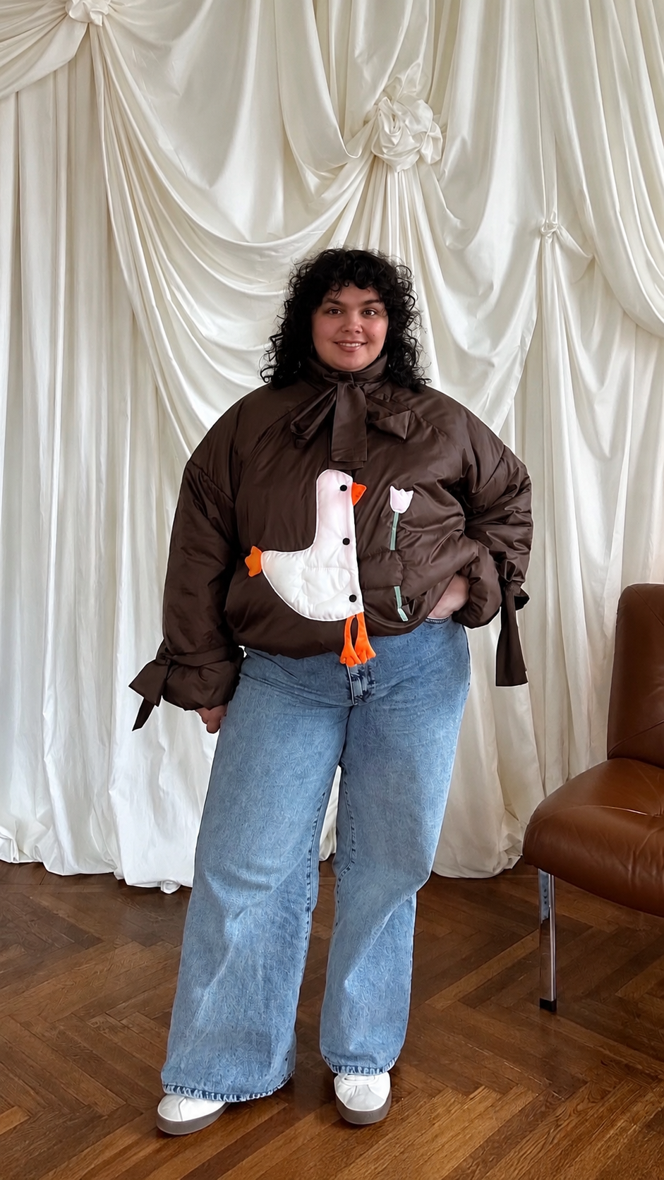 Down jacket  "Little duck" in chocolate with detachable bows and removable hood
