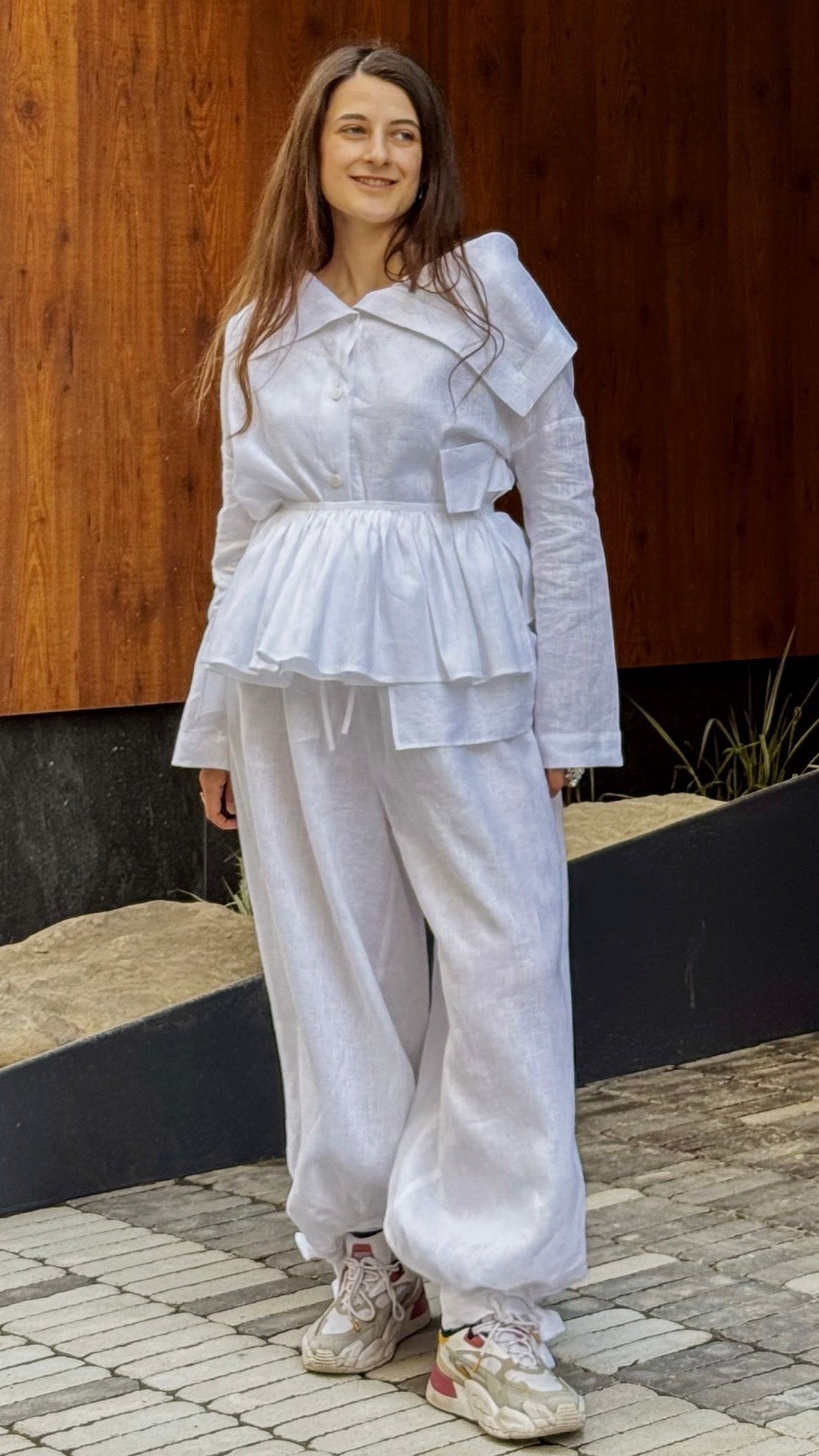 Asymmetrical shirt+ bloomers pants organic linen