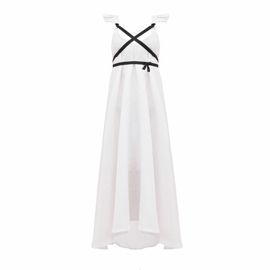 Dress with ribbons in organic linen height from 170cm+