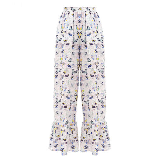 Штані з воланами з принтом пташки