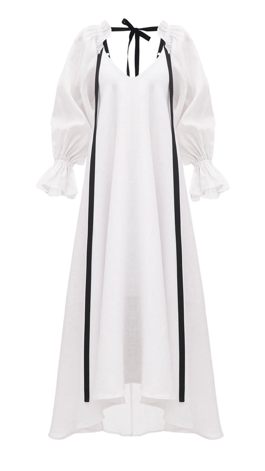 Dress with ribbons in organic linen height from 170cm+