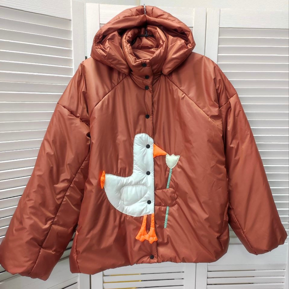 Down jacket  "Little duck" in terracotta with detachable bows and removable hood