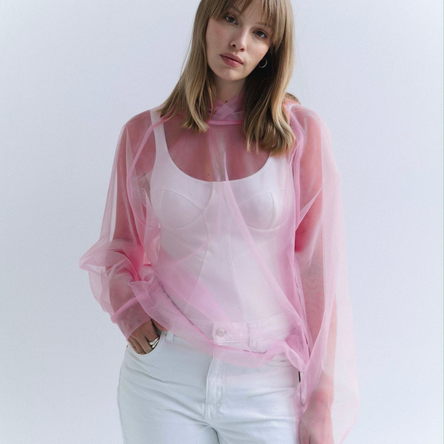 Transparent bubblegum hoodie with an elastic band