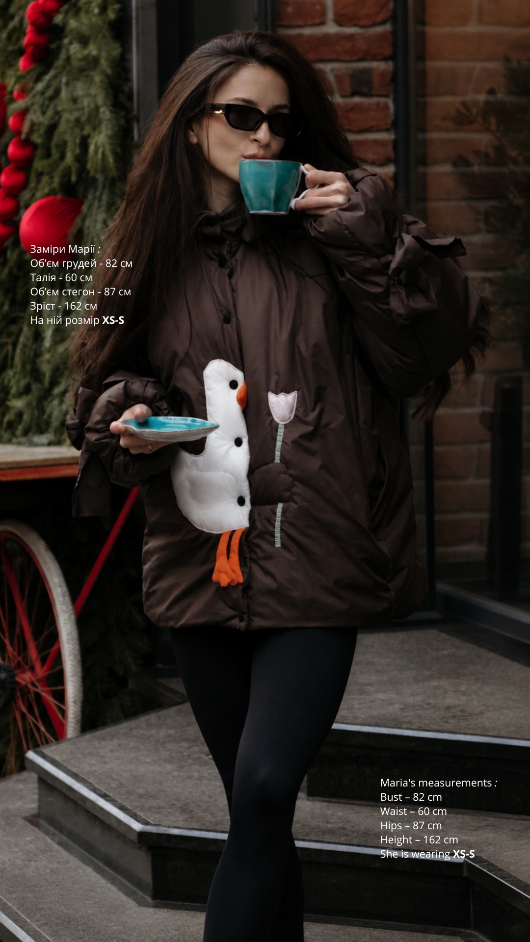 Down jacket  "Little duck" in chocolate with detachable bows and removable hood