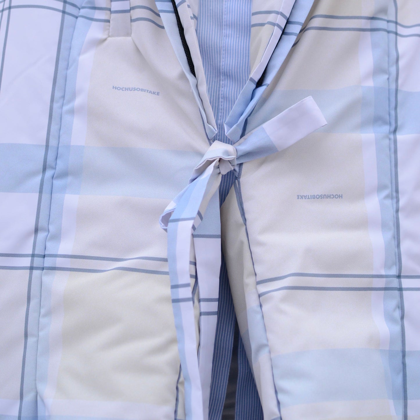 Light blue check Down vest with detachable hood