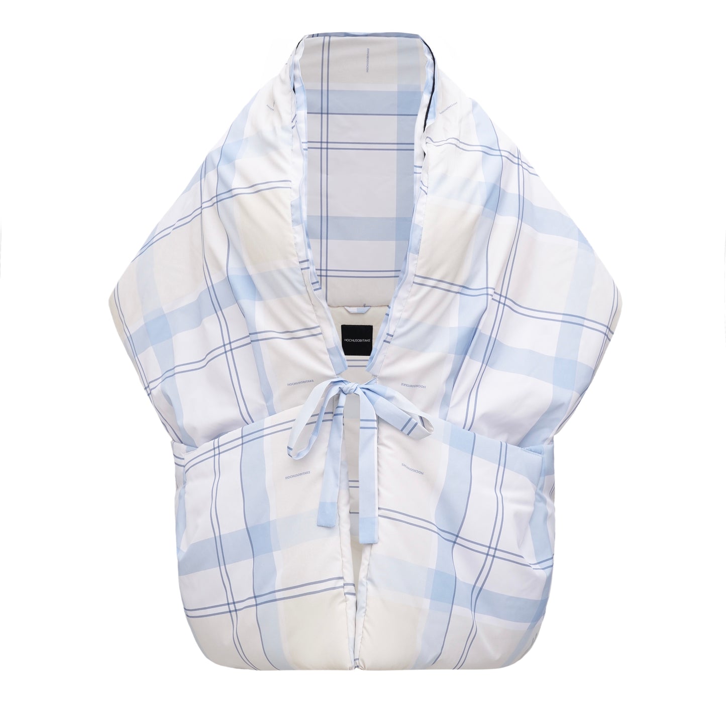Light blue check Down vest with detachable hood