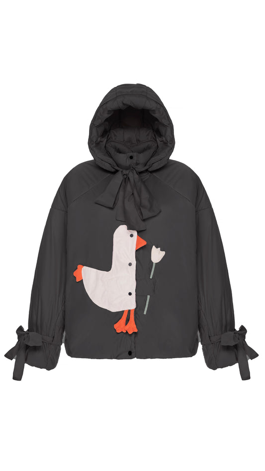 Down jacket  "Little duck" in black with detachable bows and removable hood