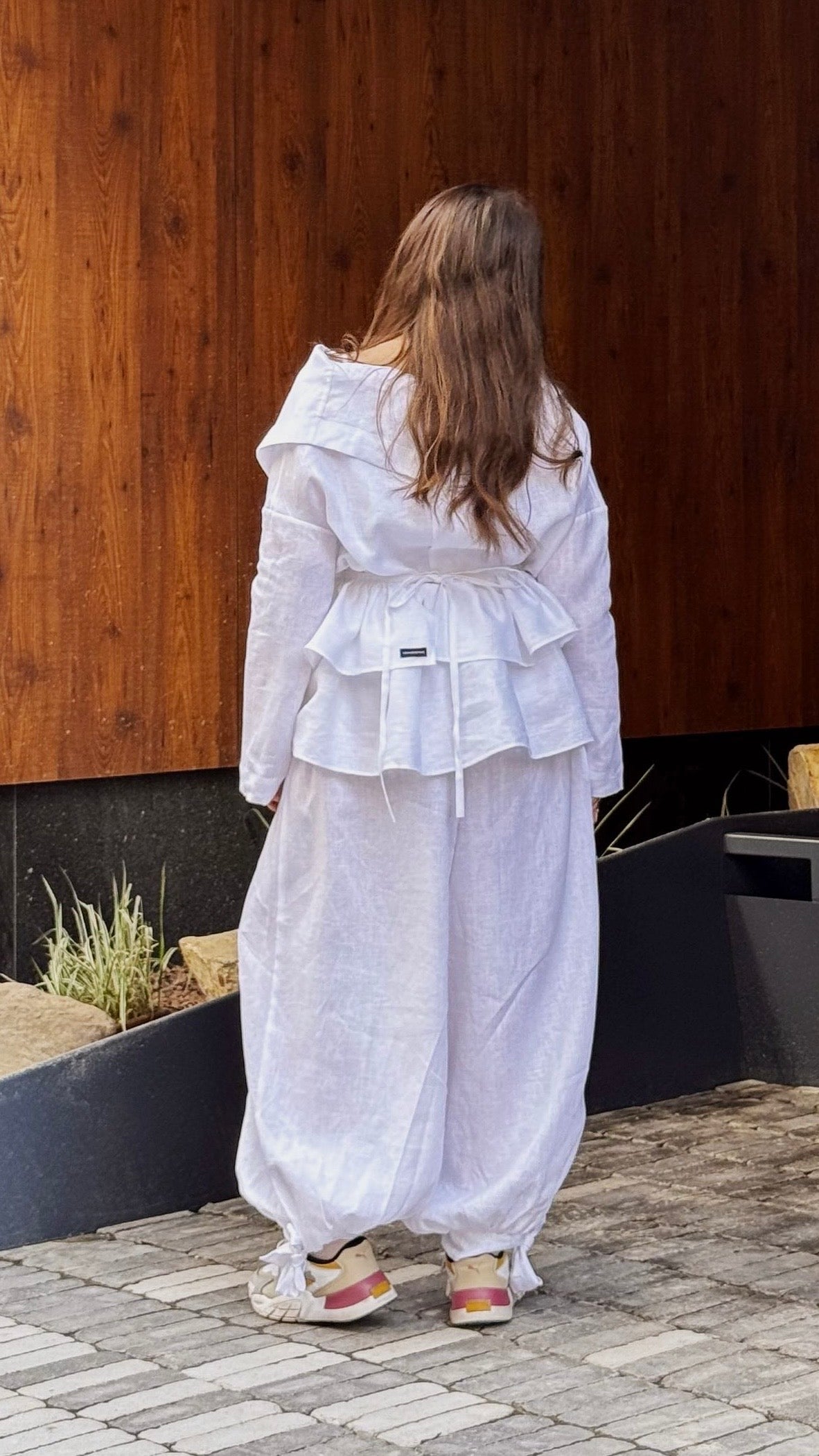 Asymmetrical shirt+ bloomers pants organic linen