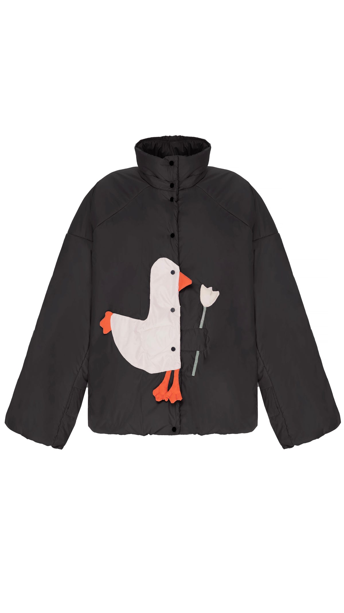 Down jacket  "Little duck" in black with detachable bows and removable hood