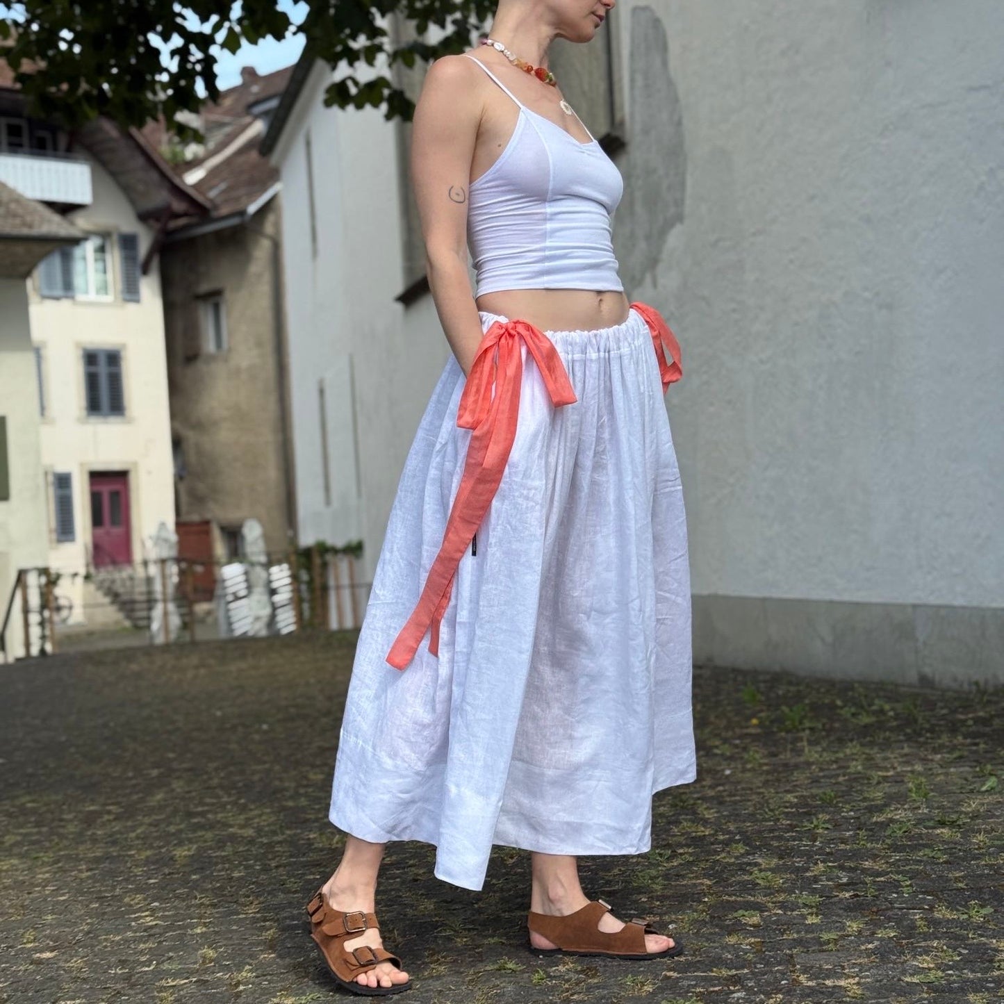 One-size organic linen skirt with ribbons