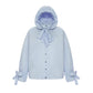 Down jacket in blue with detachable bows and removable hood