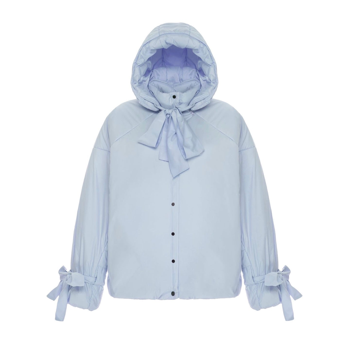 Down jacket in blue with detachable bows and removable hood